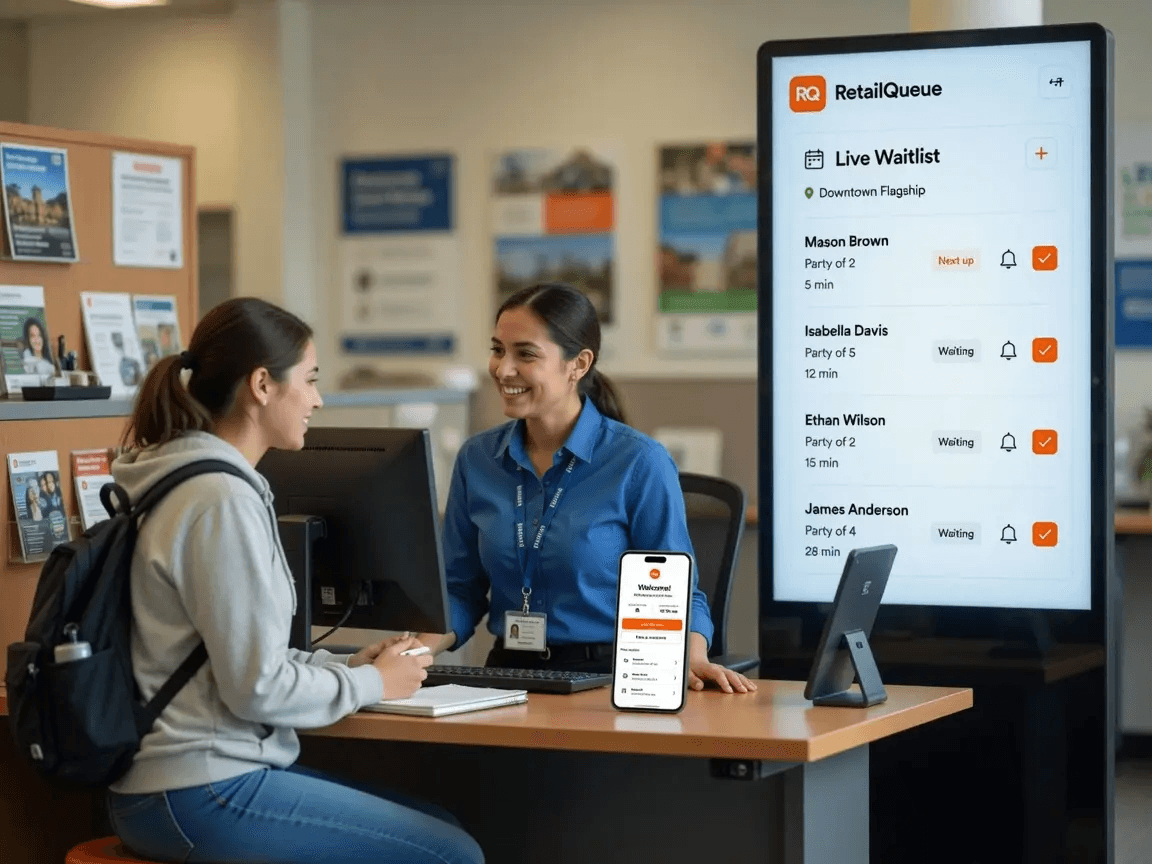 Student services staff member helping a student at a desk with a live waitlist on a screen beside them