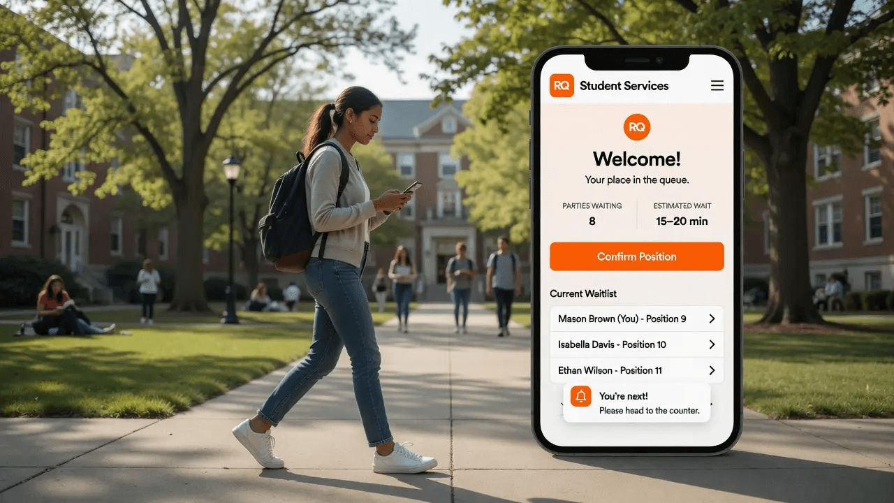 Student walking across campus while their phone shows their place in the student services waitlist