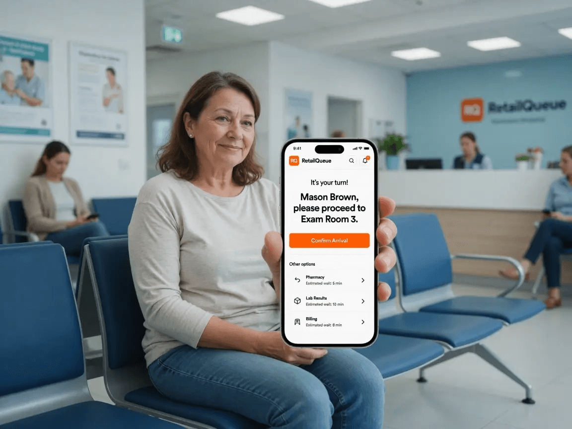 Patient in a clinic waiting area receiving an “it's your turn” message on a phone