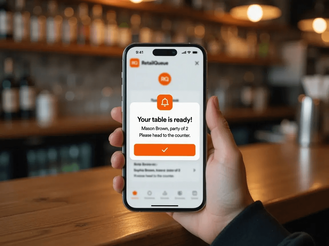 Guests at a nearby bar receiving a “your table is ready” message on a phone