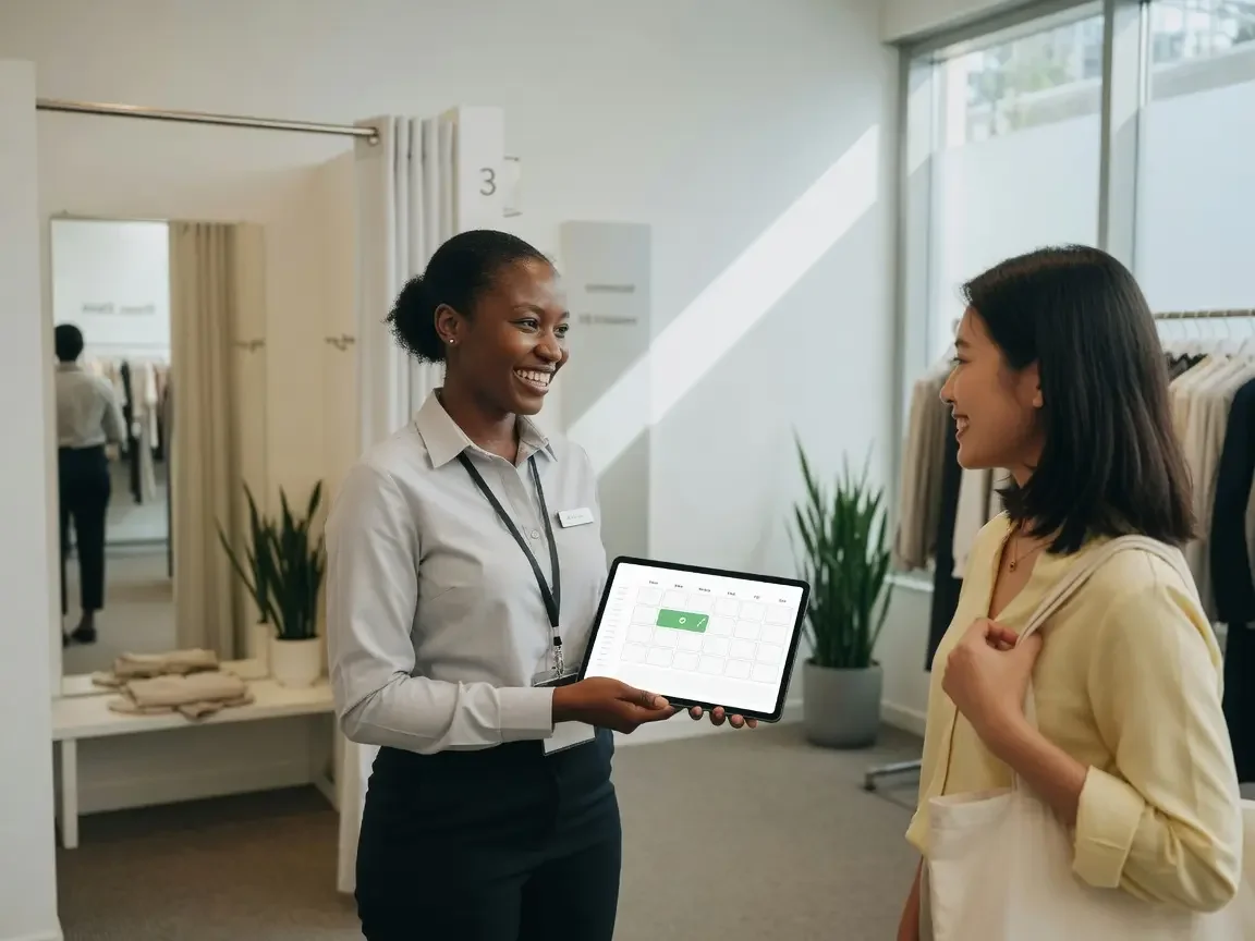 Store associate with a booking calendar on a tablet greeting a customer arriving for a fitting