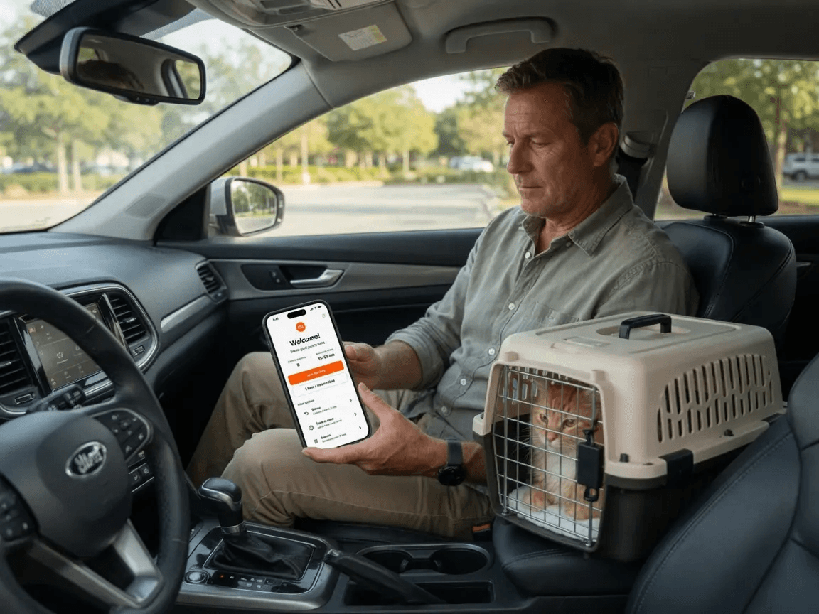 Owner checking their phone in a parked car with a cat carrier on the passenger seat